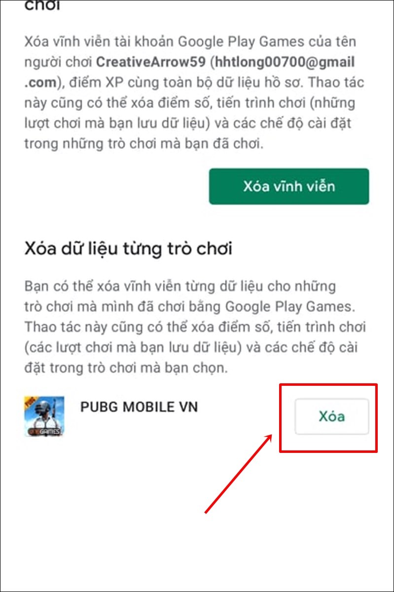 Nhấn Xóa tại trò chơi mà bạn muốn xóa dữ liệu